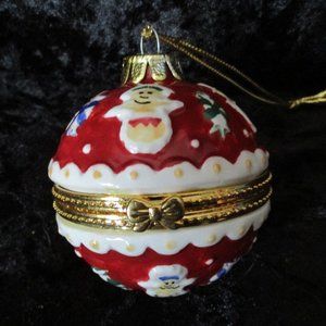 Vintage Porcelain Studio Blake Decorated Red Christmas Ball Hinged Trinket Box